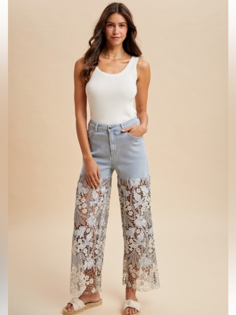 640. Mixed media floral crochet lace flare denim jean